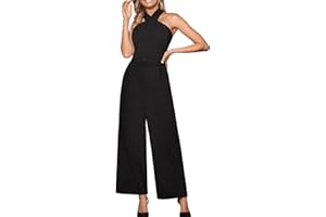 CUPSHE Damen Jumpsuit Crossover Neckholder Ärmellos Overall Gesmoktes Taille Weites Bein Lang Playsuit Elegant Büro Hosenanzug