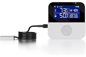 HAOZEE Capteur de température WiFi avec échantillon externe étanche, moniteur d'humidité intelligent Tuya avec écran LCD rétroéclairé, alarme buzzer et alerte de notification d'application, moniteur à