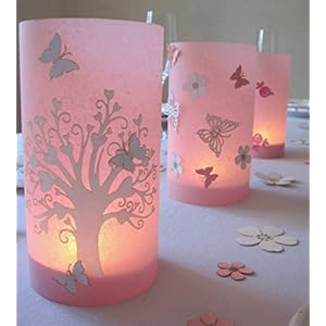 Taufe | Windlicht | Tischdeko| Herzbaum mit Schmetterling | 9 cm Durchmesser höhe 16cm rosa1stk