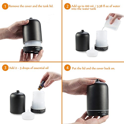 Aroma Diffuser Anjou Luftbefeuchter Oil Düfte Keramik LED mit 7 Farbwechsel 100ml für Yoga Salon Spa Wohn-, Schlaf-, Bade- oder Kinderzimmer Hotel, Schwarz - 9