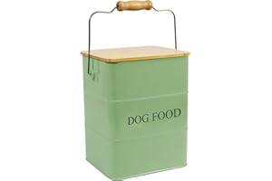 ZoeQide Caja de almacenamiento de metal de 6 l para perros, con tapa de madera, mango y pala, hermético para comida seca y aperitivos, color verde militar