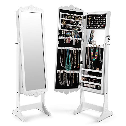 Cozzine Gabinete Espejo de Joyería, Espejo Joyero Armario con Cerradura Y 10 Luces LED, Armario de Gabinete de Joyería Ajustable de 4 Ángulos para Anillos, Aretes, Pulseras, Broches Acabado Blanco