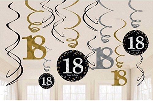 12x Deckenhänger Swirl und Tischkonfetti 18 Geburtstag in gold schwarz silber + Glitter 18 Happy Birthday - 3