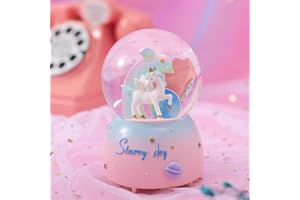 AVEKI Unicorn Snow Globe, 3.94 Inch Automatic Snowfall Musical Snow Globe with Lights Cute Rainbow Snow Lights for Kids Babies Birthday Christmas New Year Gifts(Blue)