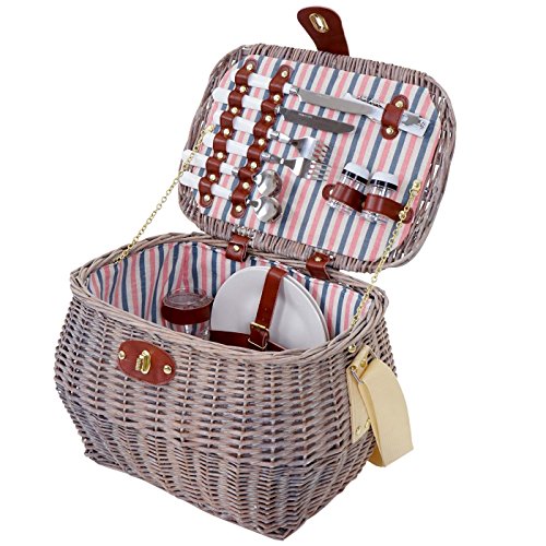 Picknickkorb-Set für 2 Personen, Picknicktasche Weiden-Korb, Porzellan Glas Edelstahl, weiß-rot - 2