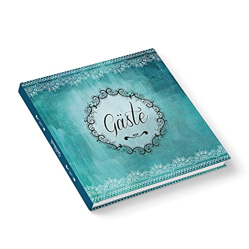 Türkises Gästebuch (Hardcover) Leinwand im Shabby Retro Look, quadratisch 21 x 21 cm mit 164 leeren Seiten; Perfekt für alle Feiern wie Hochzeit, Taufe oder Geburtstag; 1a Qualität!