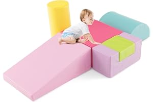 COSTWAY 6 Pieces Kids Climb and Crawl Foam Play Set, Colorful Children's Educational Software Activity Toys, Baby’s Soft Climbing Blocks for Toddlers, Preschoolers (Coral)