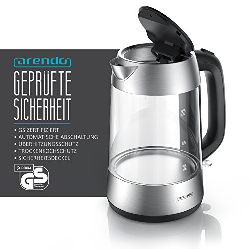 Arendo – Premium Edelstahl Glas Wasserkocher inkl. LED-Innenbeleuchtung | neues Modell (Edelstahl oben + unten) | STRIX-Controller | integrierter Kalkfilter | automatische Abschaltung | One-Touch-Verschluss by Arendo - 2