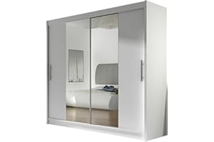 Mirjan24 Armadio London II con specchio, armadio scorrevole con ante sospese, moderno per camera da letto, 180 x 215 x 58 cm, colore: bianco