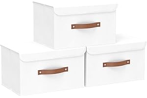 Yawinhe 3 Stück Aufbewahrungsbox mit Deckel, Faltbare Stoffboxen, Waschbare, für Schlafzimmer, Kleideraufbewahrung, 33x23x20cm, Weiß, SNK018WL-S