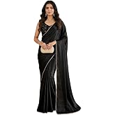 FABIAN FASHION Women's Plain Japan Satin Silk Saree with Pearl Lace Border, Includes Unstitched Matching Blouse Piece – Elega