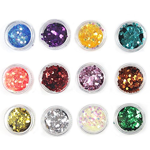 Eleacc Nail Art Decoration Glitter Paillette Dust Powder (12 PCS- Big Hexagon)