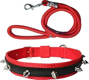Adios Dog Belt Combo of Red Nylon Dog Spike Collar with Red Lead 1.5m Lengthy Dog Collar & Leash for Your Pet Dogs.