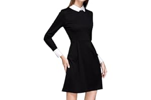 HANN BROOKS Womens Black Peter Pan Pleated Long Sleeve Contrast Collar&Cuff Casual Club Halloween Funeral Dress