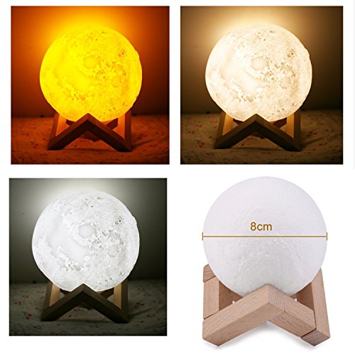 Amaza Lampe Lune 3D, Veilleuse LED Lampe Luna Tactile 3 Couleurs Lampe de Lune, USB Rechargeable Lampe de Chevet, Décoration D'intérieur, Idéal comme une Cadeau de Enfant (8 cm/3,15 pouces)