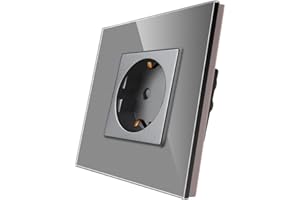 CNBINGO Single Socket 16 Amp con panel de vidrio endurecido Gris, protección infantil, material de fuego de fuego, enchufe Schuko estándar