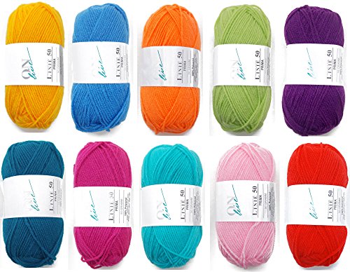 Wollpaket bunt mit 500 g Wolle 100% Polyacryl * 10x 50 g zum Häkeln, Stricken und Basteln * Bastelwolle Häkelwolle Strickwolle * Farben wie abgebildet