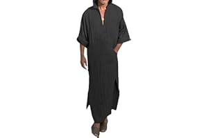YAOHUOLE Men's Linen Thobe Muslim Long Sleeve Kaftan Robe with Hoodie
