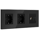 BSEED Double Wall Socket with 1/2 PC+ TV,Coaxial TV Antenna and Ethernet RJ45 Cat5e,Schuko Plug with Glass Panel,Black Double