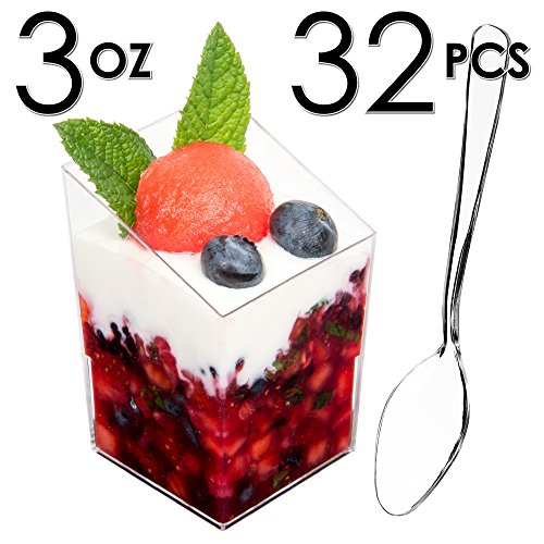 DLux Dessert Cups with Spoons, 90 ml 32 Pcs - Clear Plastic Parfait Appetizer Cups, Square Slanted Reusable Shot Glass Bowl for Party Desserts Appetizers - with Recipe Ebook