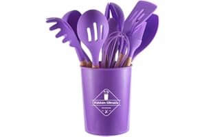 FUYTERY 11 Utensilios de cocina de silicona para cocina Juego de cucharas y palas de acero inoxidable resistente al calor (Morado)