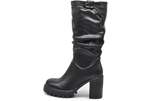 IF FASHION Stivali Arricciati Al Polpaccio da Donna In Pelle Sintetica Con Tacco Grosso Plateau Frange 6641