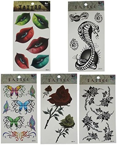 (Pack of 5) Temporary Tattoos (Over 20 tatoos in total) - Many Designs - Snake, Rose, Eye in Lip and Multicolor Butterfly