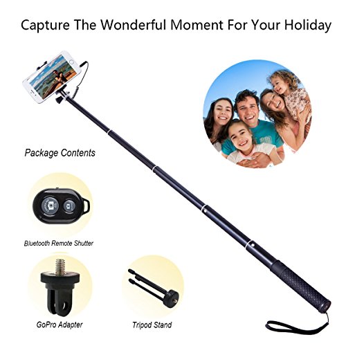 Selfie Stick,ZIZON 270 Gradi Rotazione Forma-E Selfie Stick (Nessuna Batteria Nessuna Bluetooth) Alluminio Allungabile cavo Controllo Auto Ritratto Monopiede (95CM) con Portacellulare Montecon per GoPro Hero Session Hero 4 Hero 3 +/3/2, Sony Action Cam e Smartphone,Apple iPhone 6/6 Plus/5/4, iPod,Samsung Galaxy S6/S5/S4/S3, Huawei,Note 4/3/2, LG,Sony 3,5-6 Pollici Smartphone(Nero)