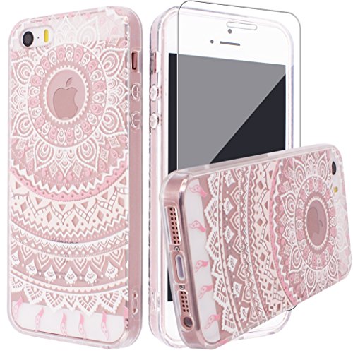iPhone SE Case, iPhone 5 5s Silicone Case [with Tempered Glass Screen Protector], YooweiÂ® Crystal Clear Tribal Henna Mandala Floral Totem Series Protective Case for iPhone SE/5/5s