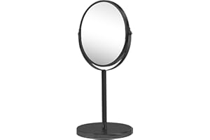 Nadi Collection | Espejo Aumento Maquillaje baño | Metal | Sobremesa | Redondo | Dos Caras Aumento 5X y 1X | para Maquillaje, Afeitado o depilar Cejas | Sin luz | 34.5 x 18.5cm (Negro Mate)