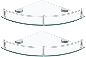 GERAYMER Glass Bathroom Shelves, Set of 2 Glass Corner Shelf Wall Mount, Shower Corner Shelves with Rail, Floating Glass Shelves for Bathroom Kitchen Livingroom (Slivery)