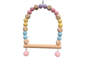 Acunny Columpio de madera para pájaros, columpio de madera natural con campanas, percas para pájaros, juguetes de escalada de perca, juguete mecedora de madera natural