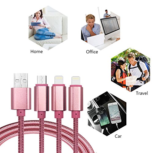 Multi USB Kabel, 3 in 1 Lightning & Micro USB Nylon geflochtenes Ladekabel mit 8 Pin Lightning / Micro USB 2.0 Anschlüsse für iPhone 6 / 6S plus / 5 / SE, iPad Air / mini, Android-Geräte(2 Lightning& 1 Micro-Rosa) - 4