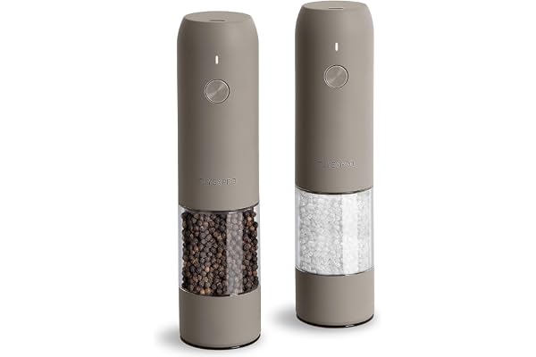 TLYSXPRO Moulin à Sel et Poivre Électrique, Ensemble de 2, Rechargeable par USB, Mouture Réglable, Moulin à Poivre Électrique avec Lumière LED, Brosse de Nettoyage, Grège