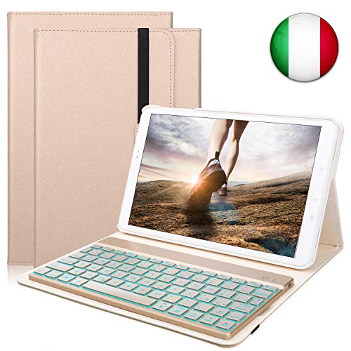 KVAGO Custodia Tastiera per Samsung Galaxy Tab A10.1, Italiana Tastiera Bluetooth Senza Fili con Retroilluminazione a 7 Colori e Funzione Auto Wake/Sleep, Oro