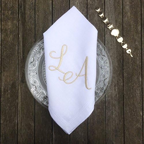 White 100% Linen Hemstitched Wedding Napkin Sets Gold Monogram Dinner, Customizable luxury Cloth Serviette