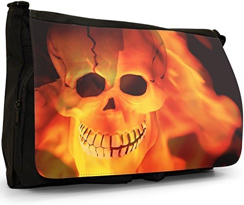 Scary Skull Burning &amp; Alight with Flames Black Large Messenger School Bag