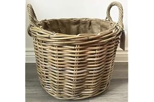 SMRL Round Log/Kindling/Storage Basket, Hessian Lined, Excellent Quality, Very Strong Kuba Rattan (Large)