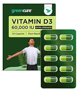 Greencure Vitamin D3 60000 IU Supplement (Cholecalciferol) - Extra Strength Dose & Plant Based Nutrition - 10 Veg Vitamin D Capsules (4+ Months Supply), for Men & Women