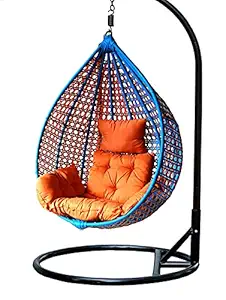 Urban Delight Single Seater |Swing Chair with Stand & Cushion & Hook Outdoor Indoor| Outdoor| Living Room | Balcony | Garden | Patio | Home Improvement (Stand-Brown,Swing -Blue/Orange,Cushion-Orange)