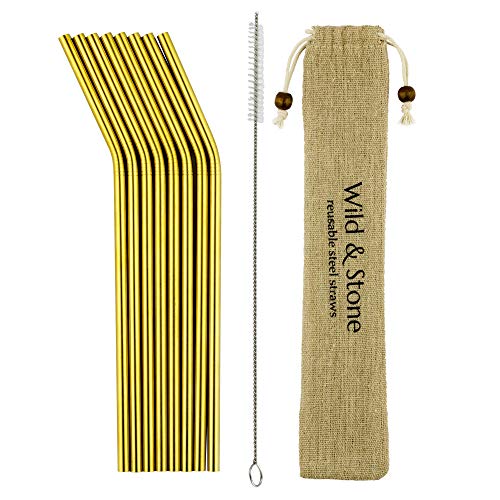 Pailles courbes en acier de or réutilisables W&S 8 avec acier de qualité alimentaire et brosse de nettoyage, va au lave-vaisselle | par Wild and Stone | Or