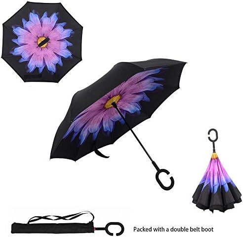 Asiki Windproof Reverse Folding Double Layer Inverted Umbrella with C shape Handle, Self Standing, Inside Out , Hand Free, Variety colors (Anagallis)