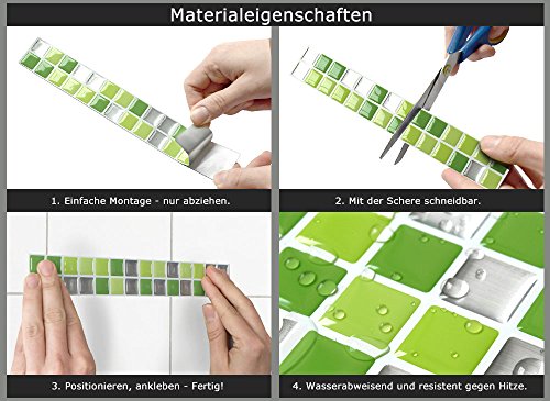 7er Pack 25,3 x 3,7 cm Wandaro 3D Mosaik Fliesenaufkleber W3366 große Auswahl für Küche Bad Fliesendekor selbstklebend Folie hellgrün grün silber Design 9 - 6