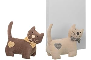 H HANSEL HOME Fermaporta Gatto Marrone/Beige in Tessuto/Sabbia 27x11x21 cm (2 pezzi)