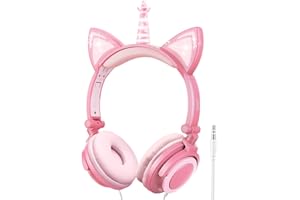 LOBKIN Cuffie Bambina, Cuffie Gatto con LED,Cuffie per Bambini,Cuffie Bambino, Cuffie Unicorno Bambina,Cuffie Orecchie Gatto, Cuffie con Filo per Bambini/Cuffie con Limite di Volume