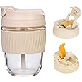Fruitalite Reusable 350 ML Glass Coffee & Tea Mug | Unique 2-in-1 Lid, Thick Borosilicate Glass Tumbler, Anti-Slip Silicone Band, Leak-Proof Travel Cup Sipper Straw for Hot & Cold Drinks- Cream Yellow