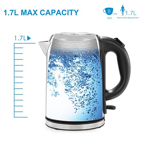 Homdox Wasserkocher Edelstahl 1,7 Liter, mit Blauer LED Beleuchtung und Automatische Abschaltung, 2200 Watt Maximal, Elektrische Wasserkessel - 3