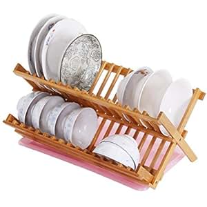 2 Ebenen Bambus Abtropfgestell faltbar Teller Schüssel Tasse Trocknen