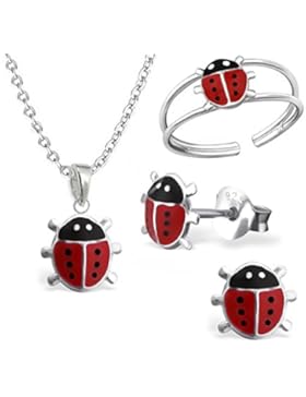 GH* Kleine Marienkäfer SET RING + ANHÄNGER + KETTE + OHRSTECKER 925 Echt Silber Kinder Mädchen Ohrringe Glücksbringer