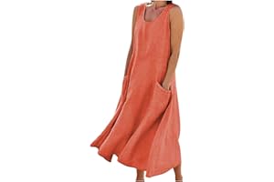WOXIHUAN Abito Lungo da Donna in Cotone E Lino, Tinta Unita, per Il Tempo Libero, Senza Maniche, con Tasche, Abito Estivo Casual Lungo Abito Vestitino da Spiaggia Vestito Donna Elegante Curvy